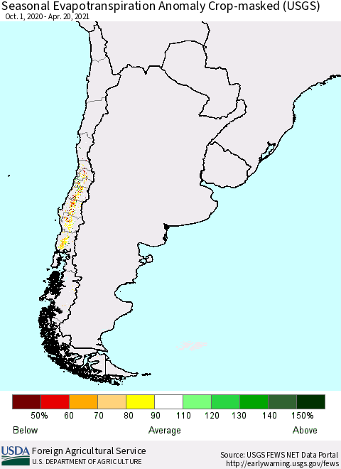 Chile Seasonal Evapotranspiration Anomaly Crop-masked (USGS) Thematic Map For 9/1/2020 - 4/20/2021