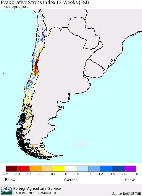 Chile Evaporative Stress Index (ESI), 12-Weeks Thematic Map For 4/1/2019 - 4/7/2019