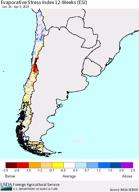 Chile Evaporative Stress Index (ESI), 12-Weeks Thematic Map For 4/8/2019 - 4/14/2019