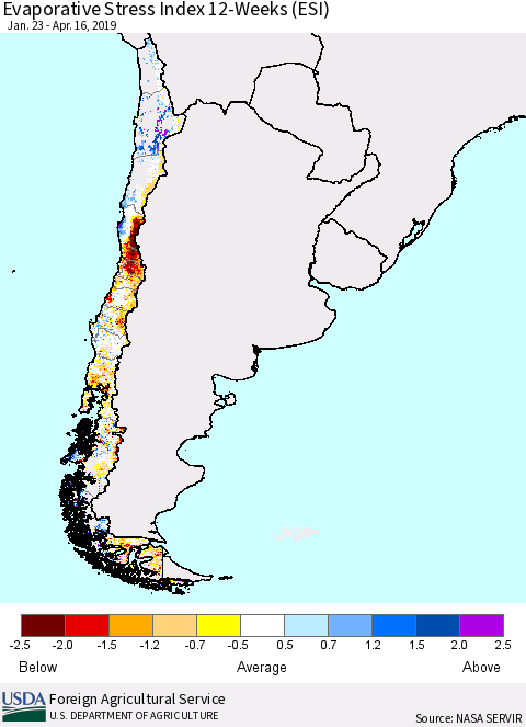 Chile Evaporative Stress Index (ESI), 12-Weeks Thematic Map For 4/15/2019 - 4/21/2019