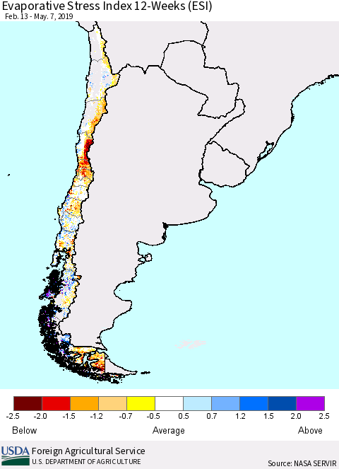 Chile Evaporative Stress Index (ESI), 12-Weeks Thematic Map For 5/6/2019 - 5/12/2019