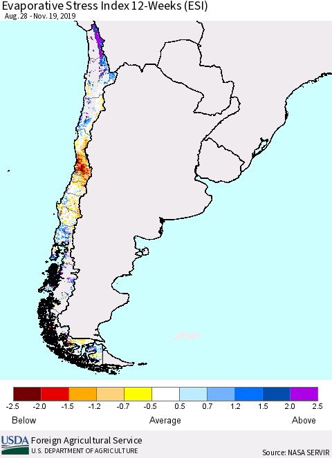 Chile Evaporative Stress Index (ESI), 12-Weeks Thematic Map For 11/18/2019 - 11/24/2019