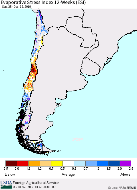 Chile Evaporative Stress Index (ESI), 12-Weeks Thematic Map For 12/16/2019 - 12/22/2019