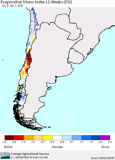Chile Evaporative Stress Index (ESI), 12-Weeks Thematic Map For 3/30/2020 - 4/5/2020