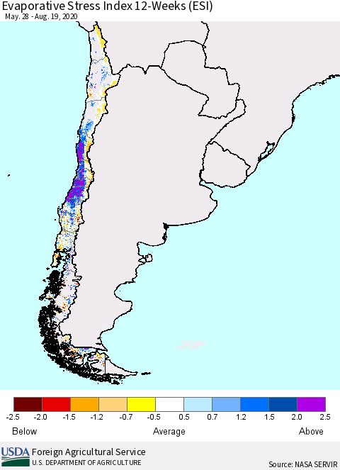 Chile Evaporative Stress Index (ESI), 12-Weeks Thematic Map For 8/17/2020 - 8/23/2020