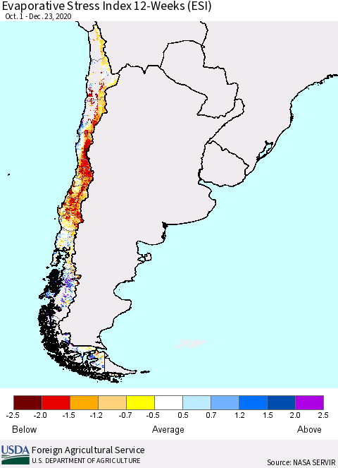 Chile Evaporative Stress Index (ESI), 12-Weeks Thematic Map For 12/21/2020 - 12/27/2020
