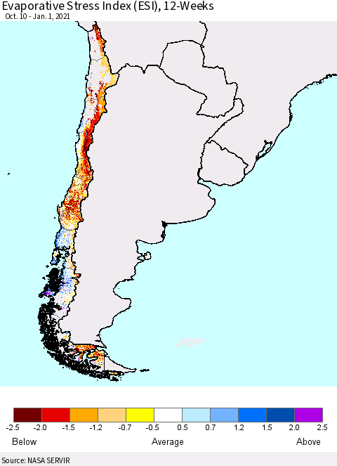 Chile Evaporative Stress Index 12-Weeks (ESI) Thematic Map For 12/28/2020 - 1/3/2021