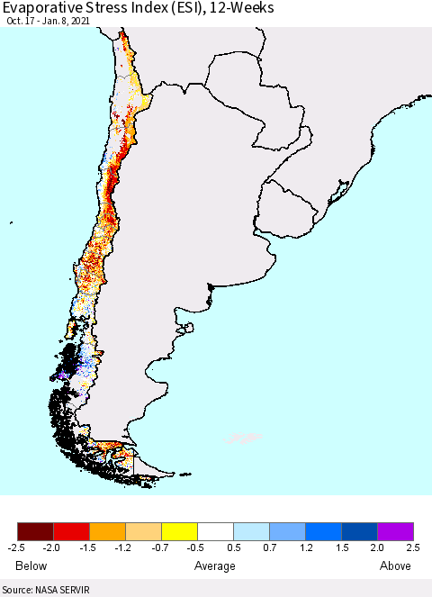 Chile Evaporative Stress Index 12-Weeks (ESI) Thematic Map For 1/4/2021 - 1/10/2021