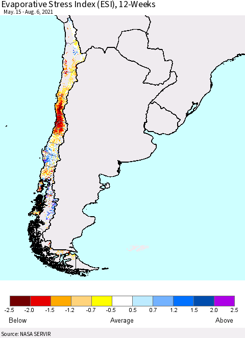 Chile Evaporative Stress Index (ESI), 12-Weeks Thematic Map For 8/2/2021 - 8/8/2021