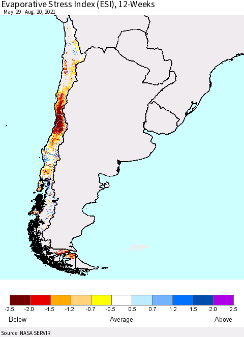 Chile Evaporative Stress Index (ESI), 12-Weeks Thematic Map For 8/16/2021 - 8/22/2021