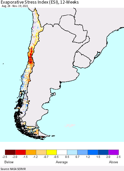 Chile Evaporative Stress Index (ESI), 12-Weeks Thematic Map For 11/15/2021 - 11/21/2021