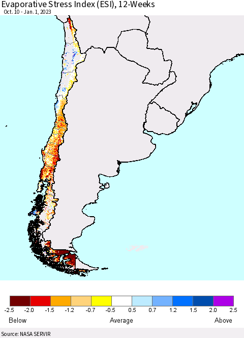 Chile Evaporative Stress Index (ESI), 12-Weeks Thematic Map For 12/26/2022 - 1/1/2023