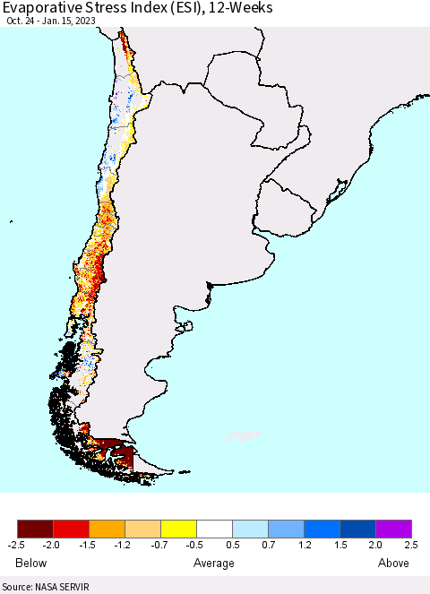 Chile Evaporative Stress Index (ESI), 12-Weeks Thematic Map For 1/9/2023 - 1/15/2023