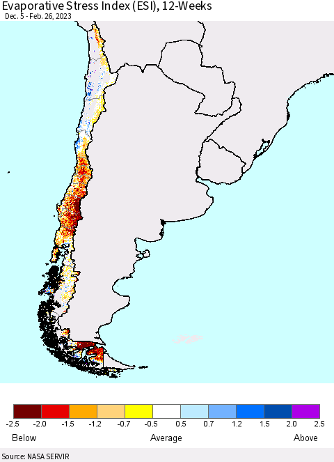 Chile Evaporative Stress Index (ESI), 12-Weeks Thematic Map For 2/20/2023 - 2/26/2023