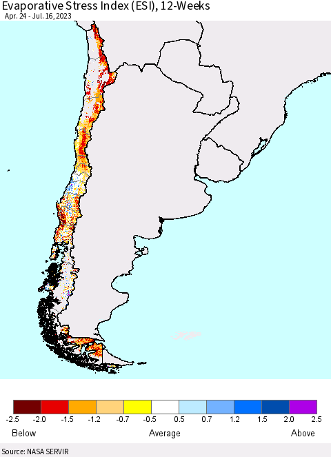 Chile Evaporative Stress Index (ESI), 12-Weeks Thematic Map For 7/10/2023 - 7/16/2023
