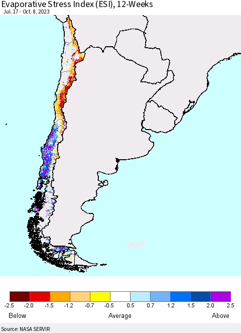 Chile Evaporative Stress Index (ESI), 12-Weeks Thematic Map For 10/2/2023 - 10/8/2023