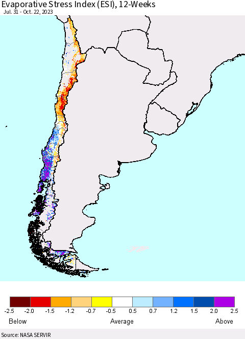 Chile Evaporative Stress Index (ESI), 12-Weeks Thematic Map For 10/16/2023 - 10/22/2023