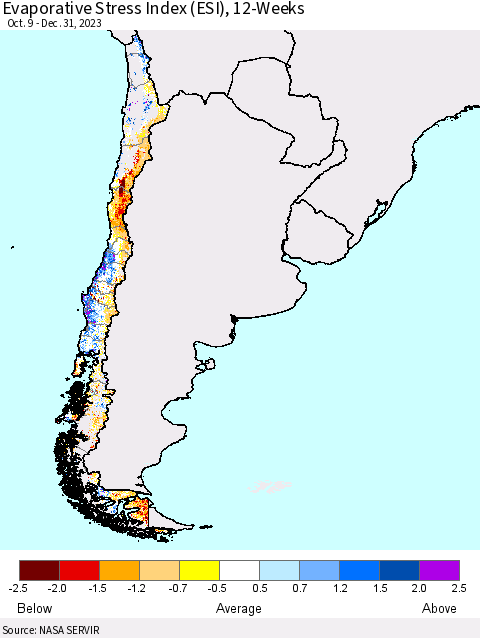 Chile Evaporative Stress Index (ESI), 12-Weeks Thematic Map For 1/1/2024 - 1/7/2024