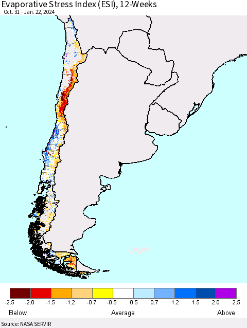 Chile Evaporative Stress Index (ESI), 12-Weeks Thematic Map For 1/22/2024 - 1/28/2024
