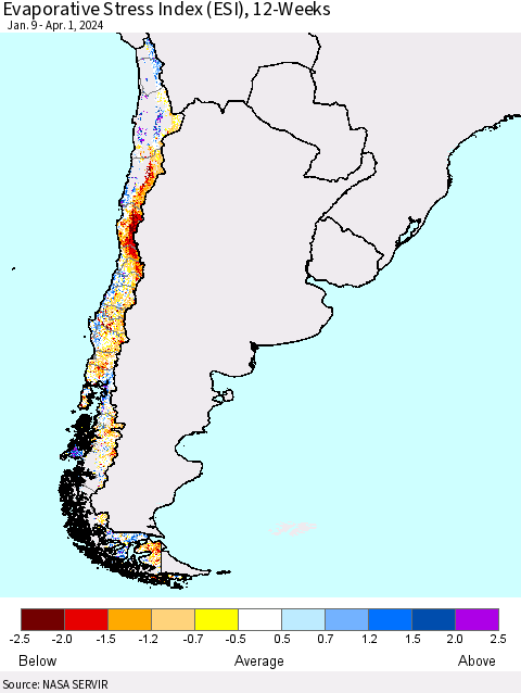 Chile Evaporative Stress Index (ESI), 12-Weeks Thematic Map For 4/1/2024 - 4/7/2024
