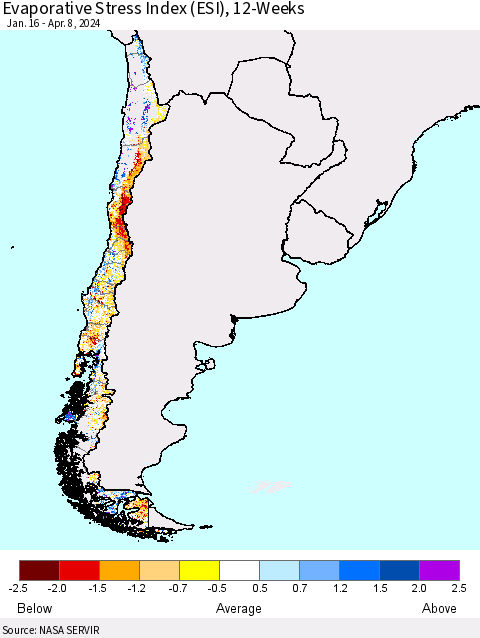 Chile Evaporative Stress Index (ESI), 12-Weeks Thematic Map For 4/8/2024 - 4/14/2024