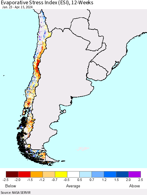Chile Evaporative Stress Index (ESI), 12-Weeks Thematic Map For 4/15/2024 - 4/21/2024