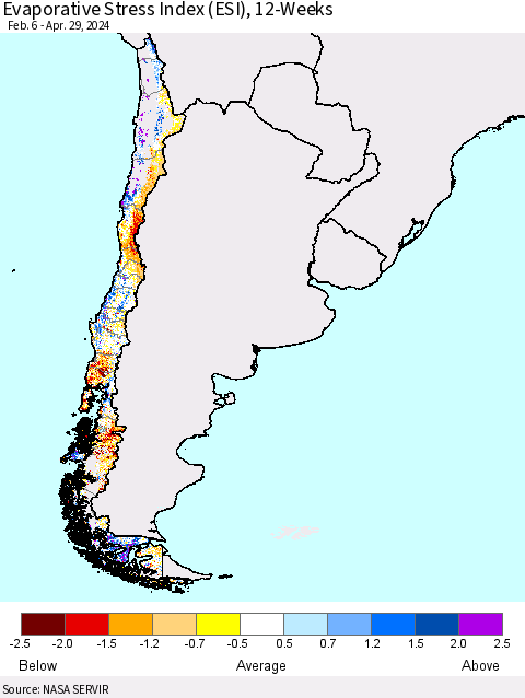 Chile Evaporative Stress Index (ESI), 12-Weeks Thematic Map For 4/29/2024 - 5/5/2024