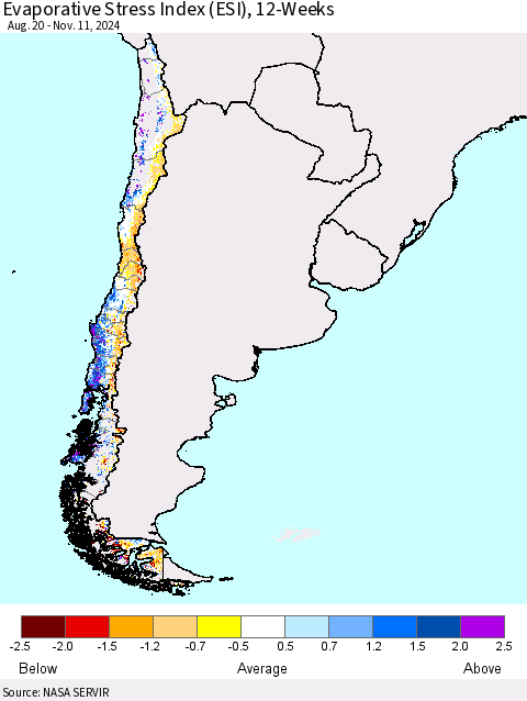 Chile Evaporative Stress Index (ESI), 12-Weeks Thematic Map For 11/11/2024 - 11/17/2024