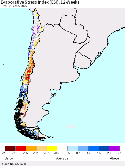 Chile Evaporative Stress Index (ESI), 12-Weeks Thematic Map For 3/3/2025 - 3/9/2025