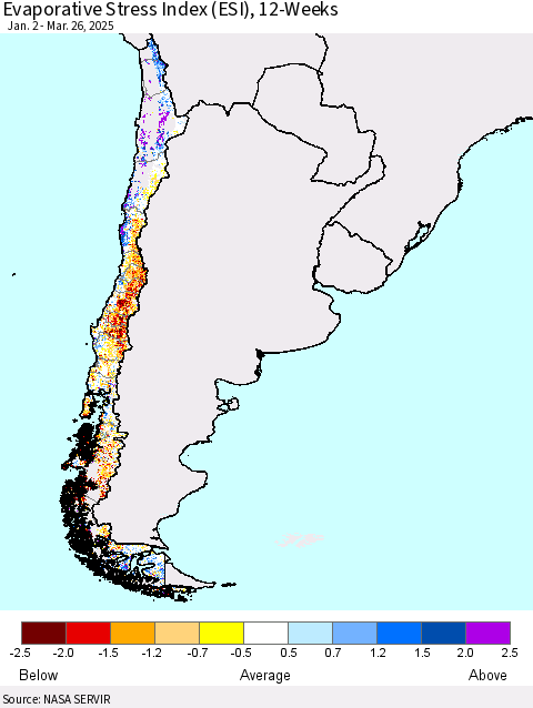 Chile Evaporative Stress Index (ESI), 12-Weeks Thematic Map For 3/24/2025 - 3/30/2025