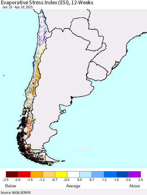 Chile Evaporative Stress Index (ESI), 12-Weeks Thematic Map For 4/14/2025 - 4/20/2025
