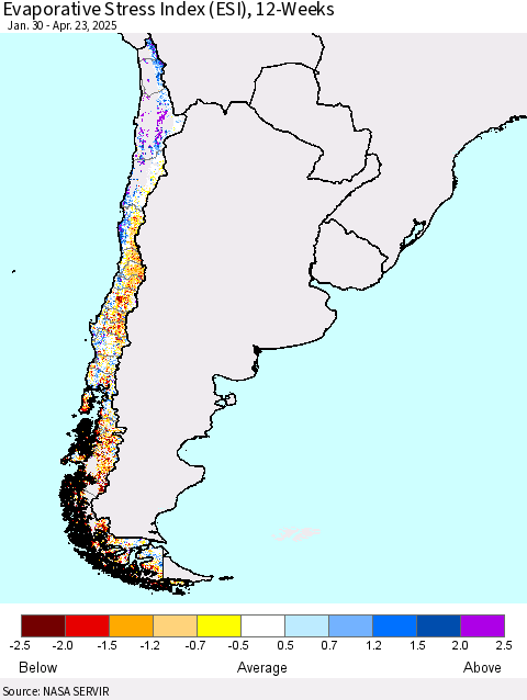 Chile Evaporative Stress Index (ESI), 12-Weeks Thematic Map For 4/21/2025 - 4/27/2025