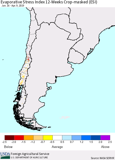 Chile Evaporative Stress Index (ESI), 12-Weeks over Croplands Thematic Map For 4/8/2019 - 4/14/2019