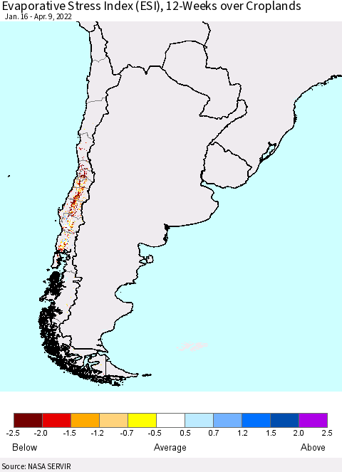 Chile Evaporative Stress Index (ESI), 12-Weeks over Croplands Thematic Map For 4/4/2022 - 4/10/2022