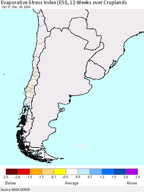 Chile Evaporative Stress Index (ESI), 12-Weeks over Croplands Thematic Map For 12/30/2024 - 1/5/2025