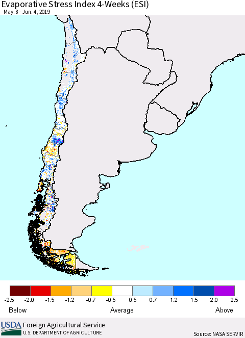 Chile Evaporative Stress Index (ESI), 4-Weeks Thematic Map For 6/3/2019 - 6/9/2019
