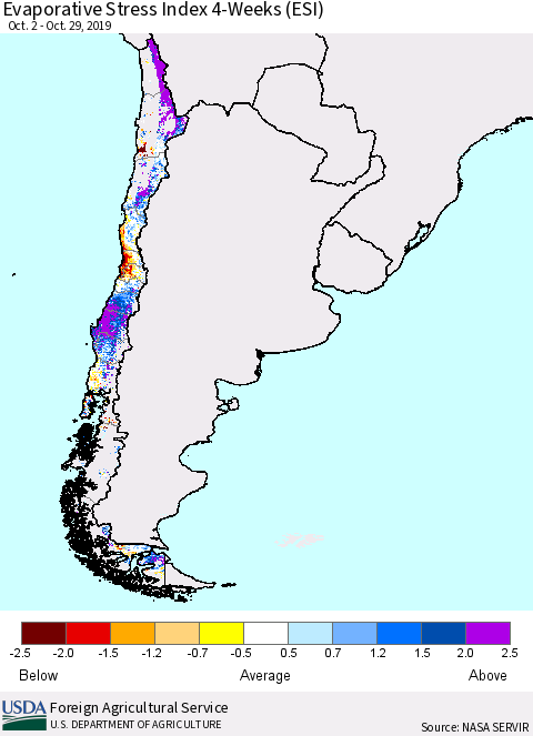 Chile Evaporative Stress Index (ESI), 4-Weeks Thematic Map For 10/28/2019 - 11/3/2019