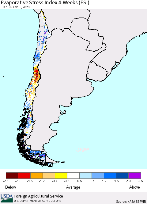 Chile Evaporative Stress Index (ESI), 4-Weeks Thematic Map For 2/3/2020 - 2/9/2020