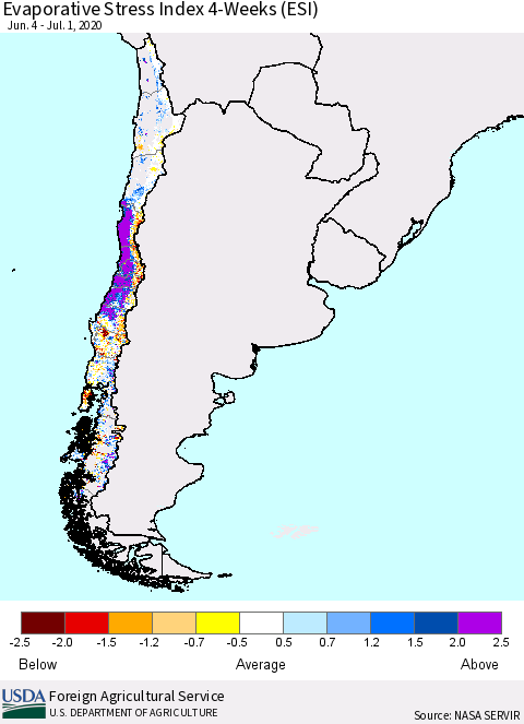 Chile Evaporative Stress Index (ESI), 4-Weeks Thematic Map For 6/29/2020 - 7/5/2020