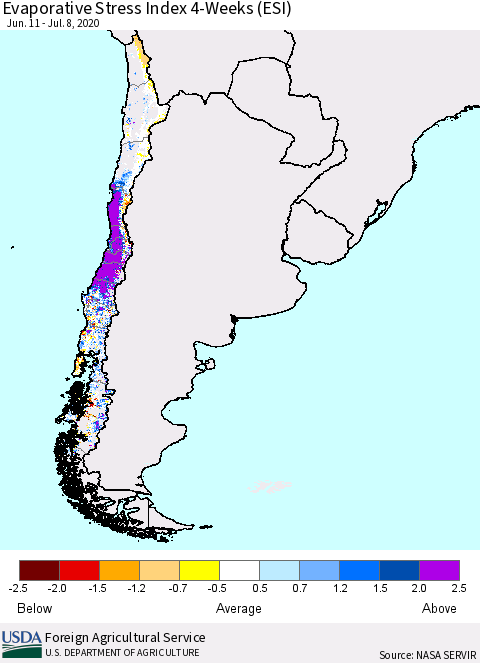 Chile Evaporative Stress Index 4-Weeks (ESI) Thematic Map For 7/6/2020 - 7/12/2020