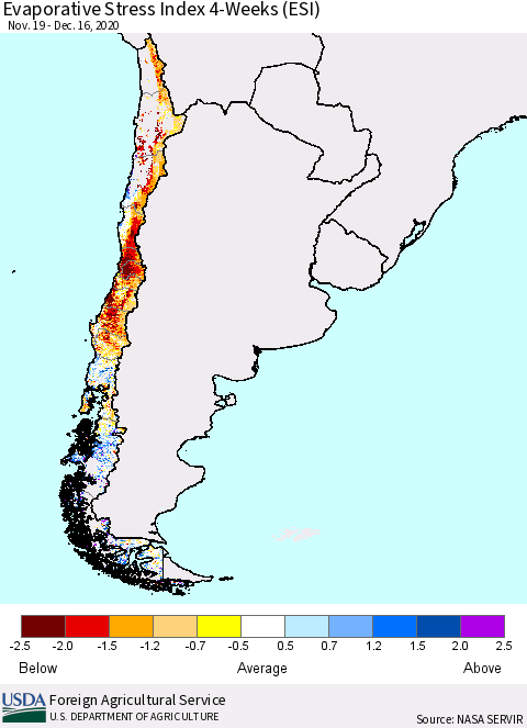 Chile Evaporative Stress Index (ESI), 4-Weeks Thematic Map For 12/14/2020 - 12/20/2020