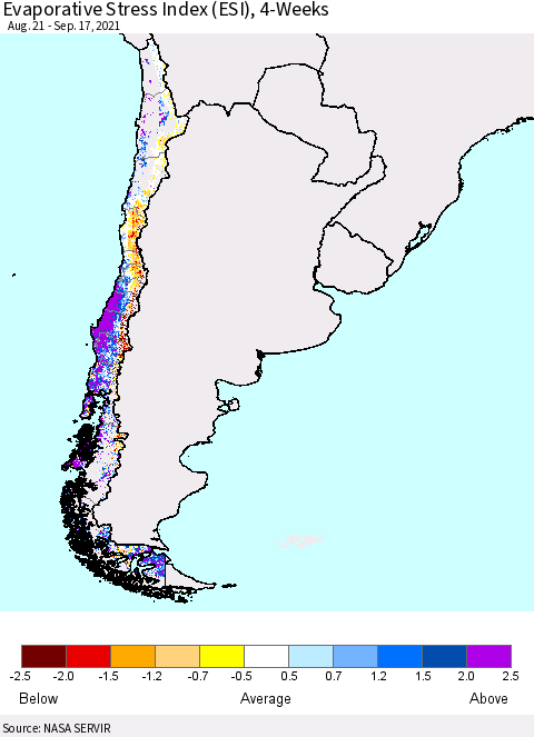 Chile Evaporative Stress Index (ESI), 4-Weeks Thematic Map For 9/13/2021 - 9/19/2021