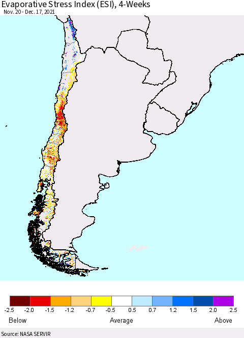 Chile Evaporative Stress Index (ESI), 4-Weeks Thematic Map For 12/13/2021 - 12/19/2021