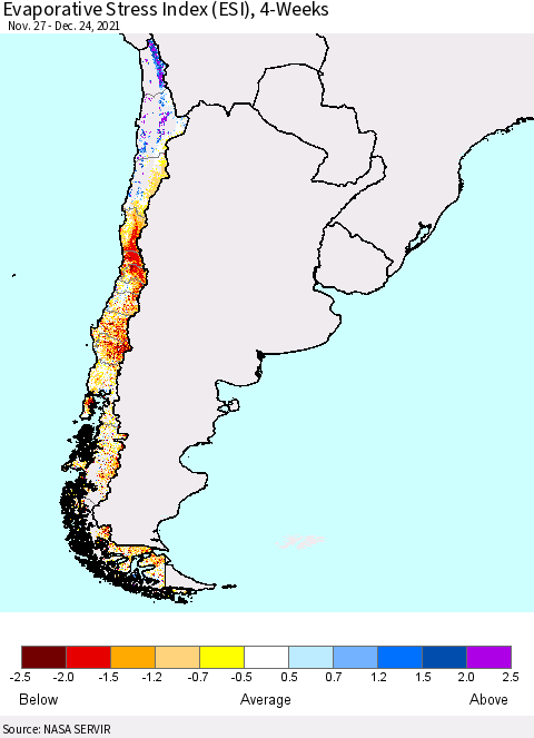 Chile Evaporative Stress Index (ESI), 4-Weeks Thematic Map For 12/20/2021 - 12/26/2021
