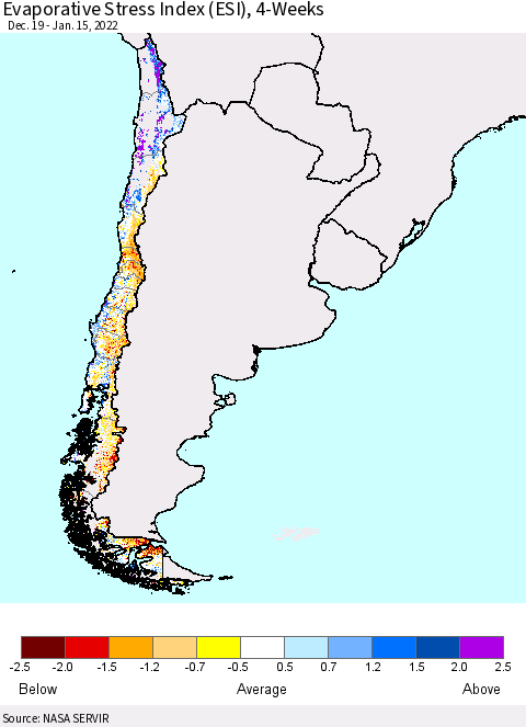 Chile Evaporative Stress Index (ESI), 4-Weeks Thematic Map For 1/10/2022 - 1/16/2022