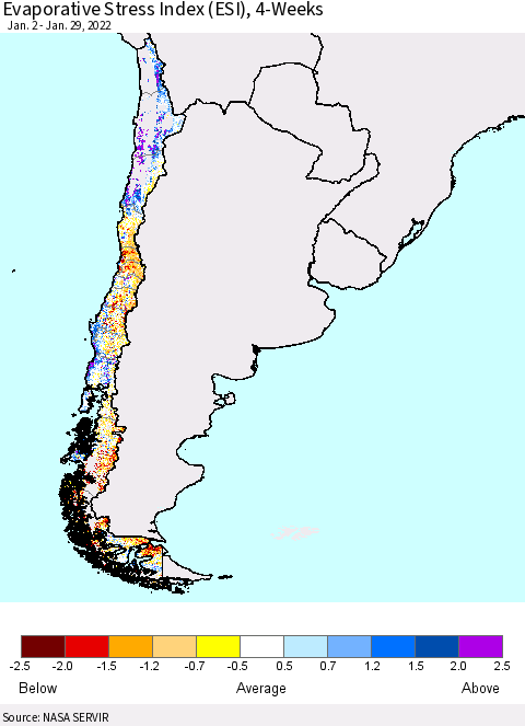 Chile Evaporative Stress Index (ESI), 4-Weeks Thematic Map For 1/24/2022 - 1/30/2022
