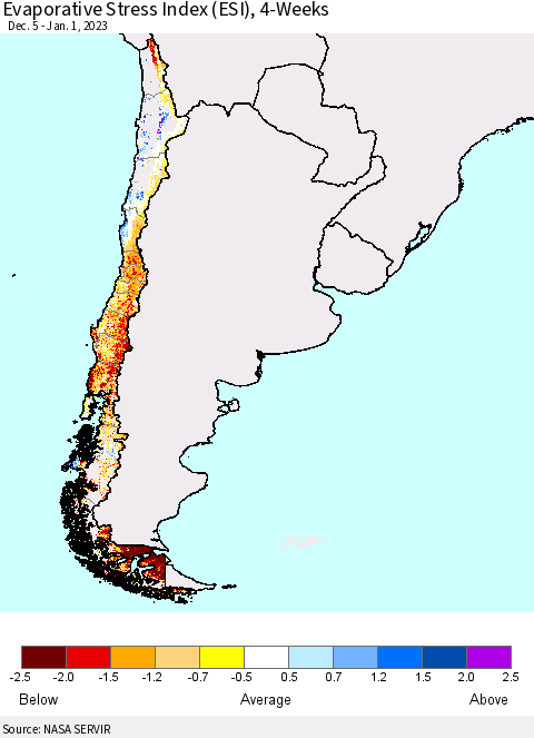 Chile Evaporative Stress Index (ESI), 4-Weeks Thematic Map For 12/26/2022 - 1/1/2023