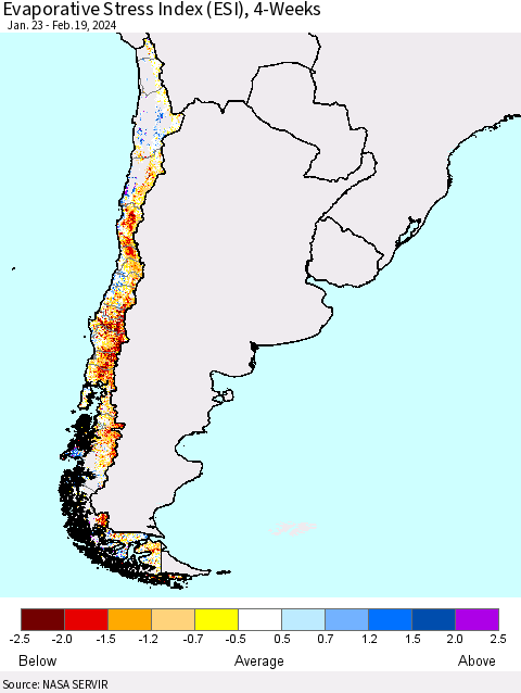 Chile Evaporative Stress Index (ESI), 4-Weeks Thematic Map For 2/19/2024 - 2/25/2024