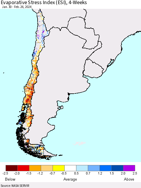 Chile Evaporative Stress Index (ESI), 4-Weeks Thematic Map For 2/26/2024 - 3/3/2024