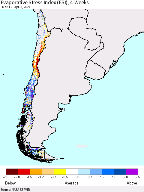 Chile Evaporative Stress Index (ESI), 4-Weeks Thematic Map For 4/8/2024 - 4/14/2024